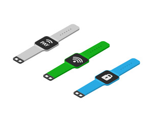 Smart Watch Icon set in isometric style. Smart watch with nfc payment wifi and lock symbols on display. Vector EPS 10
