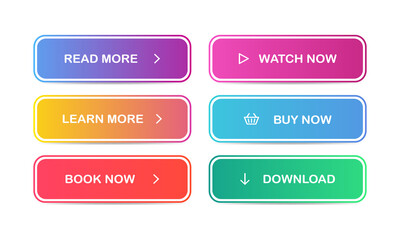 Read more, Learn more, Book now, Watch now, Buy now, Download. Set of modern multicolored buttons with gradient for web sites and social pages. Vector EPS 10