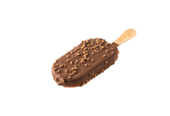 Cold ice cream with chocolate and nuts on a stick. Chocolate popsicle with nuts on a stick on a white background. Isolated