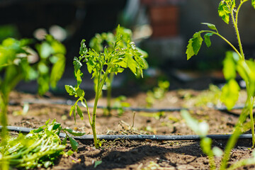 young tomato sapling in growing garden