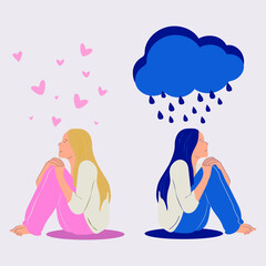 Sad, unhappy teenage girl, young woman sitting under rain, depression concept vs girl in love happy concept flat vector illustration isolated on white background. 