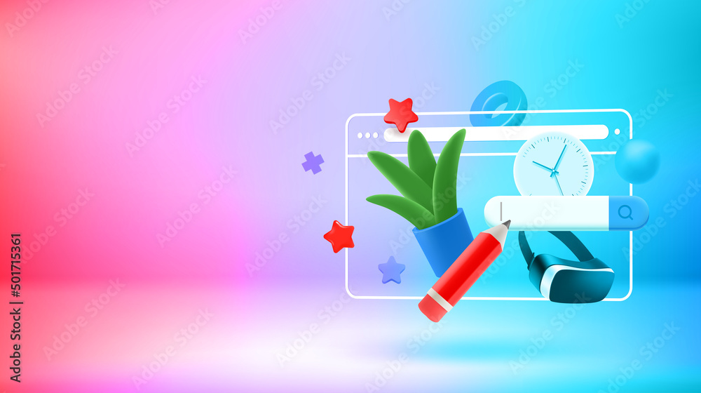 Poster searching goods via internet. vector 3d banner with copy space