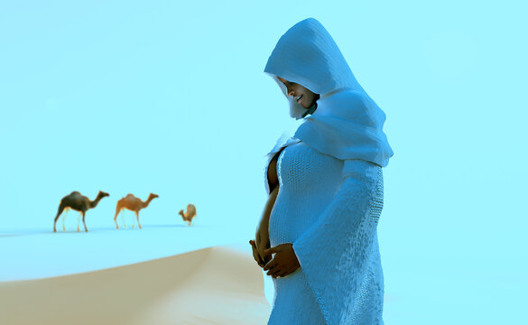 3D illustration.  Happy dark skin pregnant woman in desert landscape wearing soft cotton hood