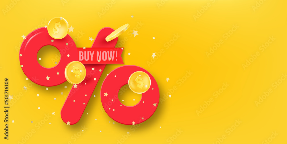 Poster shopping special offer label with percentage sign. 3d vector banner with copy space for a text