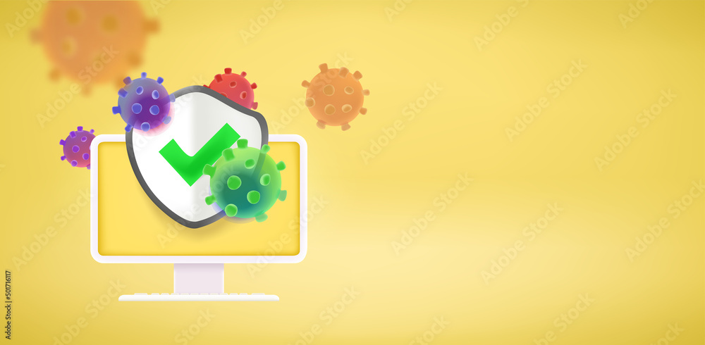 Poster Internet protection from fraud and viruses. Modern computer monitor with shield on the screen. 3d vector vertical banner with copy space