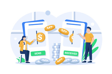 Money transfer and transaction concept,Happy young people sending and receiving cash