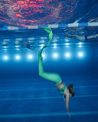 Fototapeta premium real mermaid underwater in a pool with a green tail