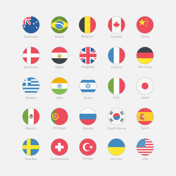 Set of Round Flags world vector icons. Most popular country flags in flat style with country names. USA, Canada, China, England, India, Germany, France, Spain. Vector illustration EPS 10
