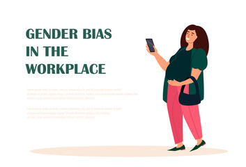 Gender Discrimination in Business.Pregnant Women in Business Landing Page Template.Young Caucasian Business Person,Confident Young Female Character with Smartphone.Cartoon People Vector Illustration