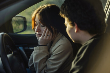 young people, a couple in love guy and girl quarrel while traveling in a car