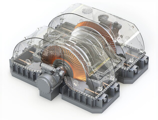 Steam turbine in a transparent case on a white background. The internal structure of an industrial generator. 3d illustration © Filipp