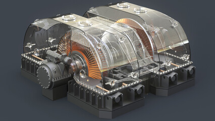 Steam turbine in a transparent case on a dark background. The internal structure of an industrial generator. 3d illustration - obrazy, fototapety, plakaty