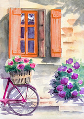 Obraz na płótnie Canvas Watercolor illustration of a house wall with a window with red wooden shutters, flowers in a flower bed and a pink bike with a basket of flowers