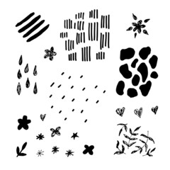 Various sketchy doodle hapes and objects. Freehand black hearts, curves, dots, spiral, leaves, leopard shapes. Grunge style. Hand drawn abstract vector set.