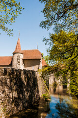 Fototapeta premium Seengen, Schloss Hallwyl, Wasserschloss, Burg, Hallwilersee, See, Spazierweg, Insel, Aabach, Aargau, Frühling, Schweiz