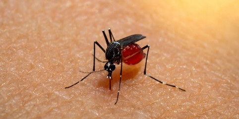 Macro Aedes aegypti Mosquitoe bite and feeding blood on wrinkle skin.Aedes mosquitoes bring dengue disease.Mosquitoe sucking blood.photo by select focus.