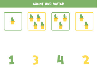 Counting game for kids. Count all cacti and match with numbers. Worksheet for children.
