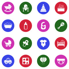 Baby Stuff Icons. White Flat Design In Circle. Vector Illustration.
