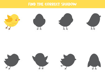 Find the correct shadow of cute bird. Logical puzzle for kids.