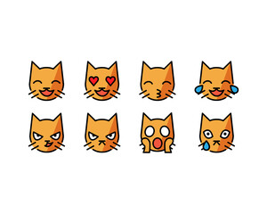 Funny Cat flat style emoji vector icons set. Cat emoticon smile isolated on white background. Vector EPS 10