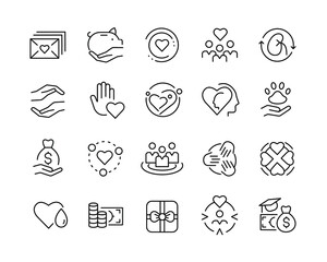 Charity and Donation Icons - Vector Line. Editable Stroke. 