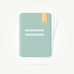 Notepad or book with a bookmark 3d. Vector illustration. Education concept, learn icon. Textbook from the knowledge library. Dictionary or magazine, documents with records. Catalog with green cover.  