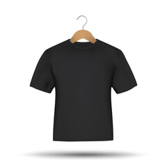 Black t-shirt mockup with wood hanger. Shirt mock up vector illustration.