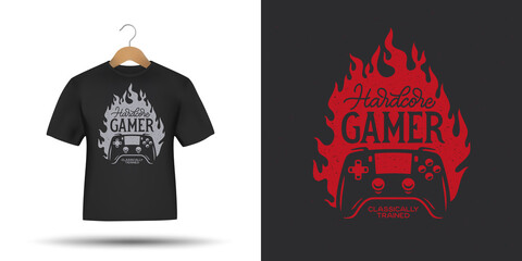 Hardcore gamer t-shirt design. Video games related apparel print. Hand drawn joystick gamepad controller. Vector illustration. © Danyil