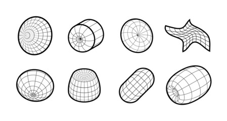 Set of linear objects with a thick outline. Vector geometric 3d oval shapes and grids. Geometric spherical cyber shapes