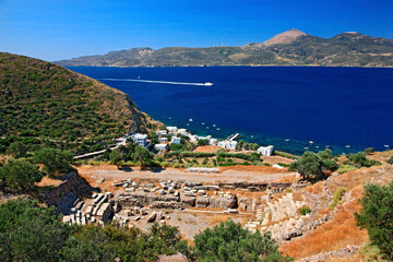 The ancient theater of Milos island right above Klima village, Cyclades, Aegean sea. 