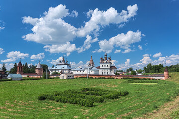 Fototapeta na wymiar Yuryev-Polsky, Russia. Archangel Michael Monastery inside the earth ramparts of the former town's kremlin. The town was founded in 1152. The monastery was founded in the 13th century.