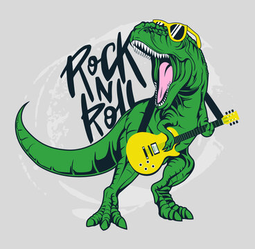Rock and roll slogan - Cute dinosaur graphic vector illustration - Funny and fun illustration - T-shirt print design - For poster, card, tee, sticker, wall art © Michael Jacop Studio