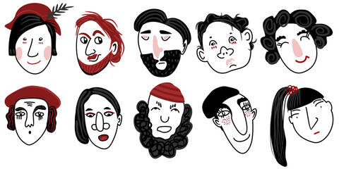Vector set of different human faces in red and black color isolated on white background