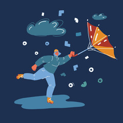 Cartoon vector illustration of woman broken umbrella in strong wind, bad weather hurricanes and storm in city