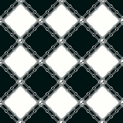 Naklejka premium Checkered vintage black and white pattern with chains, beads. Vector geometric seamless background.