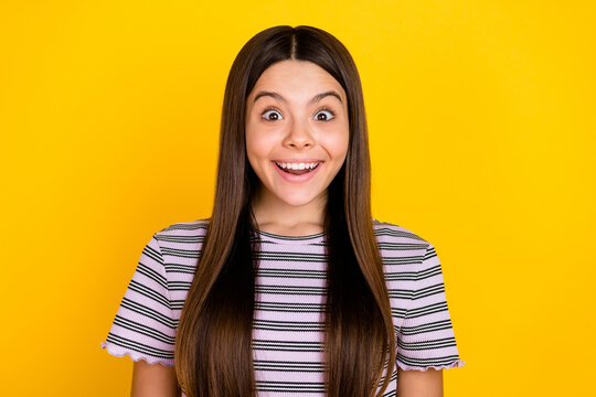 Photo of young adorable lady excited face reaction information discount isolated over yellow color background