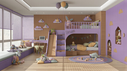 Modern wooden children bedroom with bunk bed in purple and pastel tones, parquet floor, big window with sofa, desk with chair, wardrobe, carpet, toys and decors. Interior design