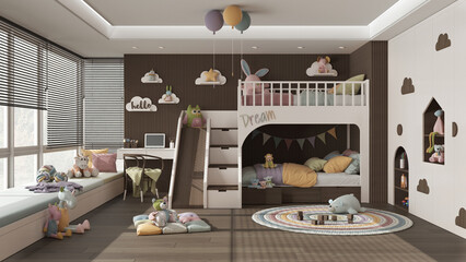 Modern wooden children bedroom with bunk bed in dark and pastel tones, parquet floor, big window with sofa, desk with chair, wardrobe, carpet, toys and decors. Interior design