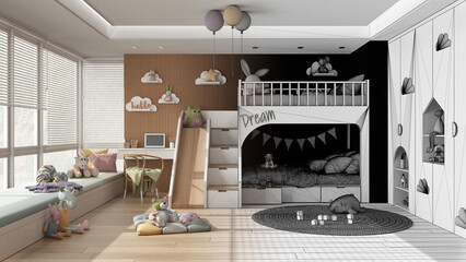 Architect interior designer concept: hand-drawn draft unfinished project that becomes real, children bedroom with bunk bed, parquet floor, big window with sofa, desk with chair