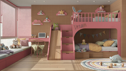 Cozy wooden children bedroom with bunk bed in pink and pastel tones, parquet floor, big window with venetian blinds, sofa, desk with chair, carpet, toys and decors. Interior design