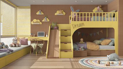 Cozy wooden children bedroom with bunk bed in yellow and pastel tones, parquet floor, big window with venetian blinds, sofa, desk with chair, carpet, toys and decors. Interior design