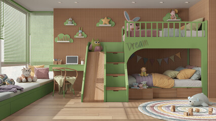 Cozy wooden children bedroom with bunk bed in green and pastel tones, parquet floor, big window with venetian blinds, sofa, desk with chair, carpet, toys and decors. Interior design
