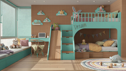 Cozy wooden children bedroom with bunk bed in turquoise and pastel tones, parquet floor, window with venetian blinds, sofa, desk with chair, carpet, toys and decors. Interior design