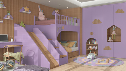 Modern wooden children bedroom in purple and pastel tones, bunk bed with ladder and slide, parquet floor, desk with chair and laptop, round carpet, toys and decors. Interior design