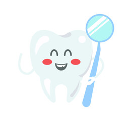 Cartoon tooth with a dental mirror. Vector illustration
