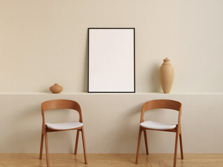 Modern and minimalist vertical black poster or photo frame mockup on the wall in the living room. 3d rendering.