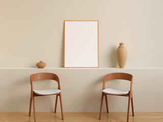 Modern and minimalist vertical wooden poster or photo frame mockup on the wall in the living room. 3d rendering.