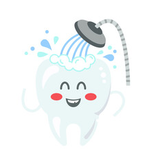 Naklejka premium Cartoon tooth having a shower. Vector illustration