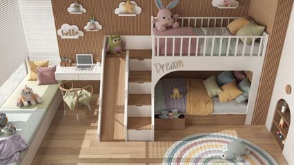 Fototapeta na wymiar Modern wooden children bedroom with bunk bed in white and pastel tones, parquet, window with sofa, desk with chair, wardrobe, carpet, toys and decors. Top view, above, interior design