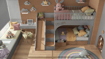 Obraz na płótnie Canvas Modern wooden children bedroom with bunk bed in gray and pastel tones, parquet, window with sofa, desk with chair, wardrobe, carpet, toys and decors. Top view, above, interior design